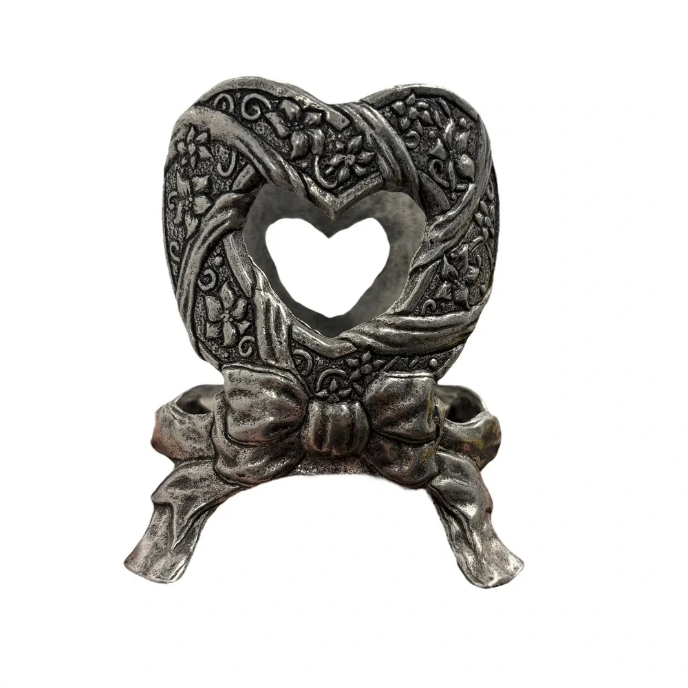 Wickens & Sticks Pewter Heart‎ Candle Holder Bow Ribbon Floral Accent Decor VTG